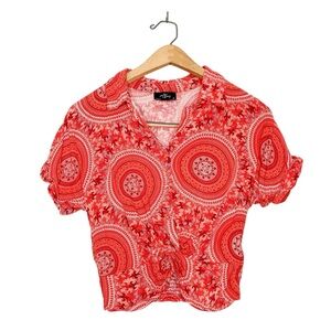 Milk & Honey Tie Front Short Sleeve Button‎ Front Colorful Printed Cropped Top M